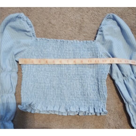 Storia Women's Blue Striped Stretch Crop Top w/Puff & Stretch Sleeves Size S - Picture 6 of 8